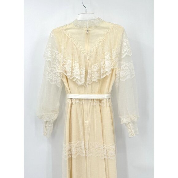 vintage 70s WEDDING DRESS bridal lace victorian boho ivory off white maxi M L - Picture 10 of 13